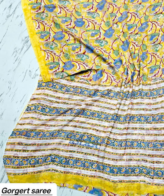 Yellow & Blue Floral Handblock Printed Georgette Saree