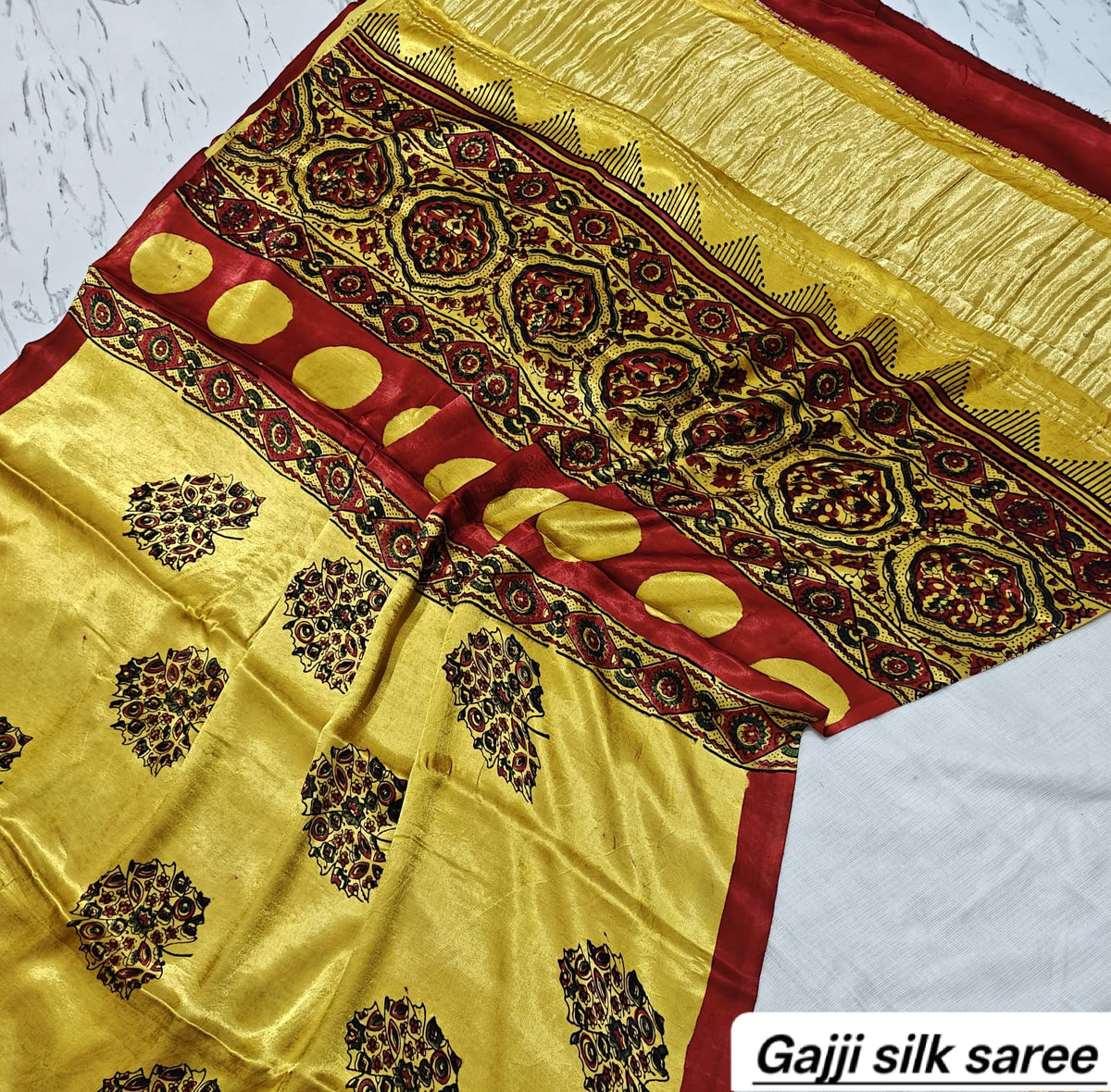 Yellow & Maroon Floral Ajrakh Handblock Saree in Pure Gajji Silk