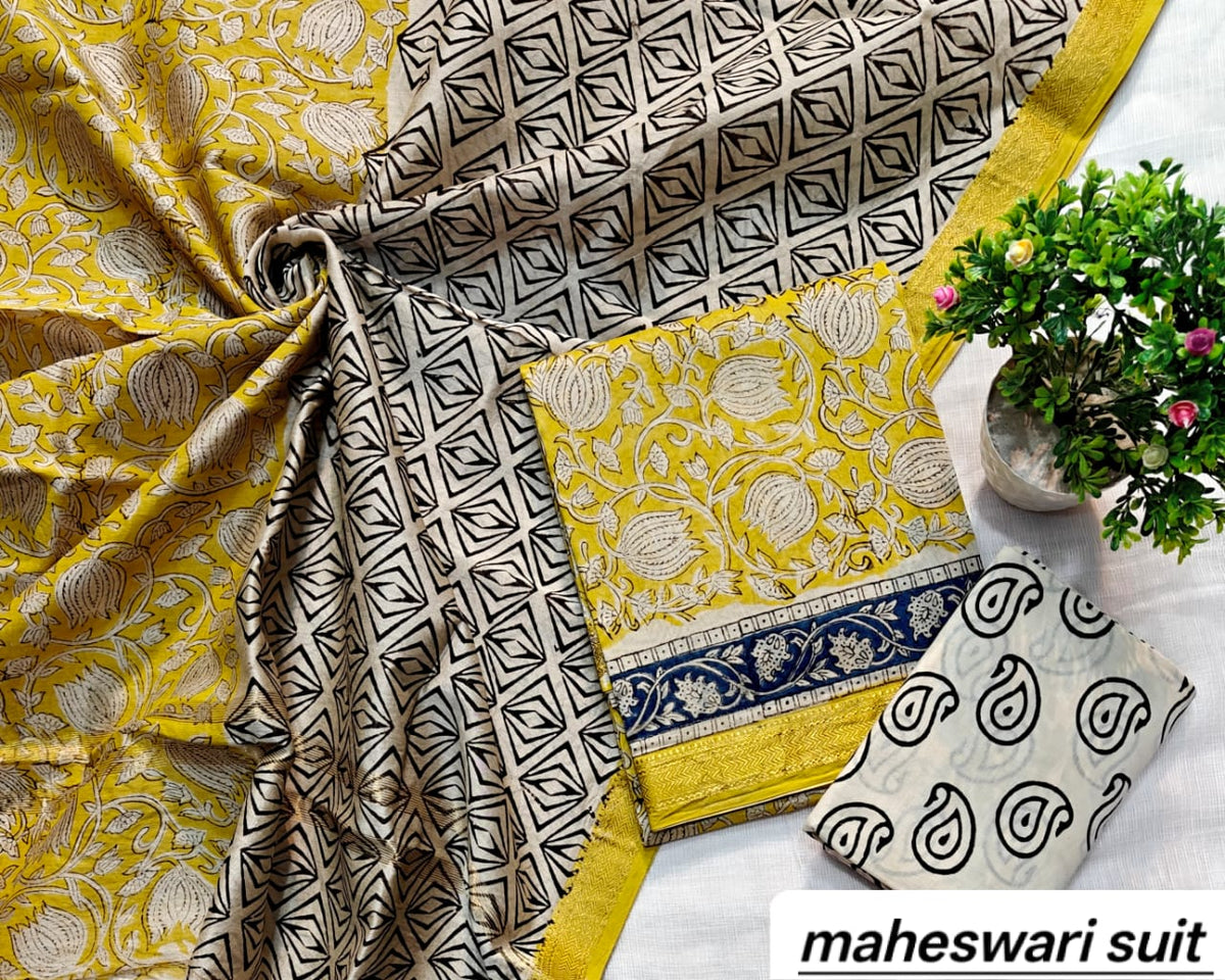 Yellow and Ash Grey Abstract Floral Handblock Printed Pure Maheshwari Silk Suit Set with Zari Border