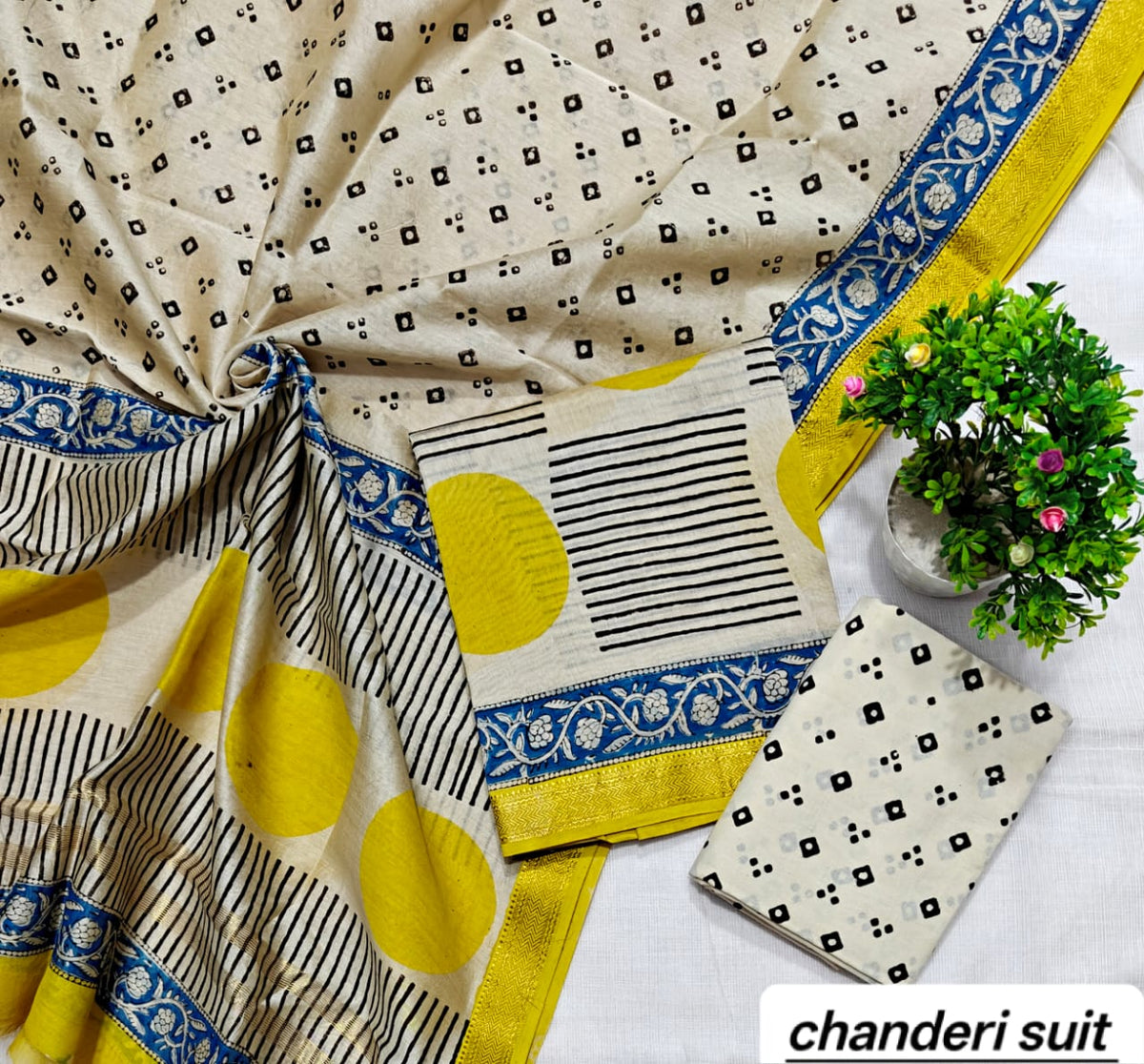 Yellow and Charcoal Geometric Abstract Handblock Printed Pure Maheshwari Silk Suit Set with Zari Border
